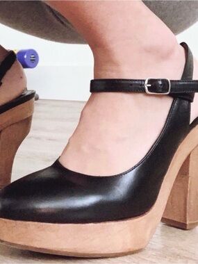 Marni Black Leather Wooden Platform Slingback Heels Size 37 EUC